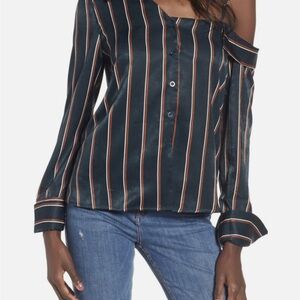J.O.A. Blue and Black Asymmetrical Cuffed Sleeve Blouse